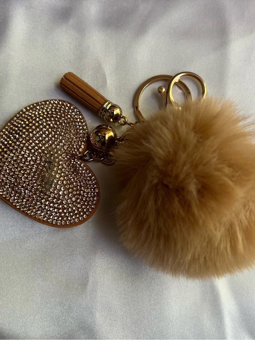 Tan Fur Pom Pom Key & Card Holder with Heart Charm